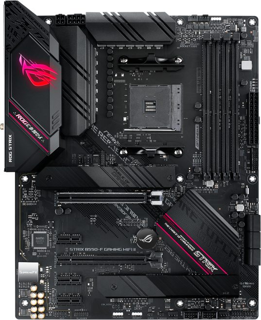 ����������� ����� ASUS ROG STRIX B550-F GAMING WI-FI II Socket AM4, AMD B550, 4xDDR4, PCI-E 4.0, 2500 ����/�, Wi-Fi, Bluetooth, 4xUSB 3.2 Gen1, USB 3.2 Gen2, USB 3.2 Gen2 Type-C, HDMI, DisplayPort, ���������, ATX