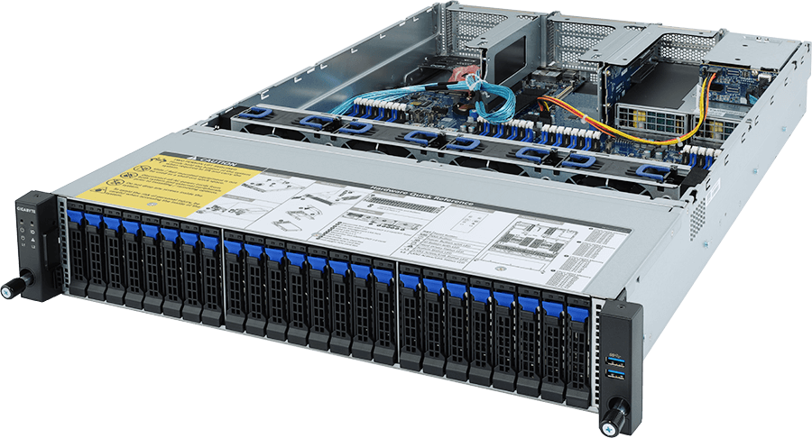 Серверная платформа Gigabyte R282-Z91 (rev. 100) 2U, 2 x Socket SP3, 32 x DDR4, 27 x 2.5"/M.2 PCI-E x4, SAS, SATA, 2xGigabit Ethernet (1000 Мбит/с), 1600 Вт