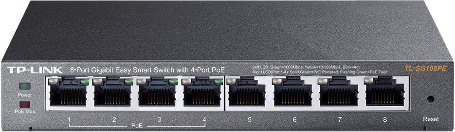 ���������� [TL-SG108PE] Tp-Link TL-SG108PE 8 ���������� ������ RJ45, 4 ����� � ���������� PoE, ��������� 802.3af, ������ PoE �� 55 ��, VLAN �� ���� MTU/�����/����, QoS (������������� ������), IGMP Snooping, �������� ������