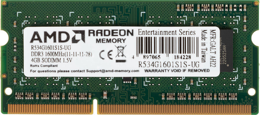   4Gb DDR-III 1600MHz AMD SO-DIMM (R534G1601S1S-UG) 4 , DDR3, 12800 /, CL11-11-11-28, 1.5 