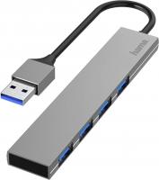 USB-концентратор Hama H-200114 4 порта, USB 3.0, 5 Гбит/с, алюминий, ультратонкий, серый (00200114)