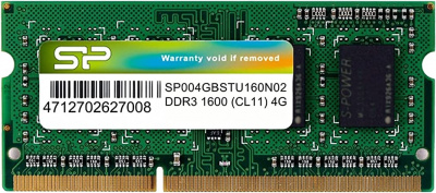   4Gb Silicon Power SP004GBSTU160N02, DDR3, 1600MHz, PC3-12800, CL11, SO-DIMM, 204-pin, 1.5, RTL 
