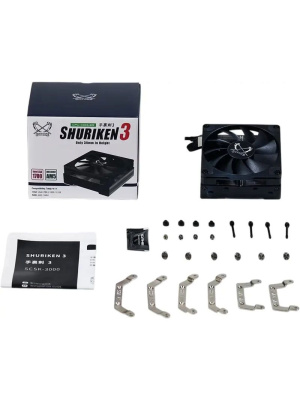 ����� ��� ���������� Scythe Shuriken 3 (140W, 4-pin PWM, 39mm, Al/Cu, 4x6mm, 1x92mm, 36.45CFM, 31.78dBA, 2500RPM, S: 1851/1700/1200/115X, AM5/AM4, silver, black)
