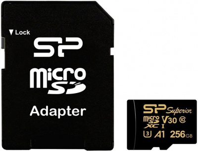   256Gb MicroSD Silicon Power Golden Superior + SD   , microSDXC, 256 , A1, V30,   SD SP256GBSTXDV3V1GSP