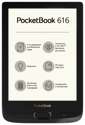   PocketBook 616 Black    /  6", E-Ink Carta,  ,  1024x758, 16  ,   microSD, microSDHC