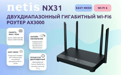 Wi-Fi ������ Netis NX31, Wi-Fi 6, AX3000, 2.4/5���, 3 LAN, ������