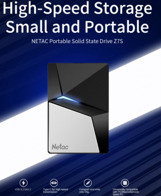 SSD External Netac 120Gb Z7S <NT01Z7S-120G-32BK> (USB3.2, up to 550/480MBs, 89�60�11.5mm, Aluminium+Steel+Plastic)